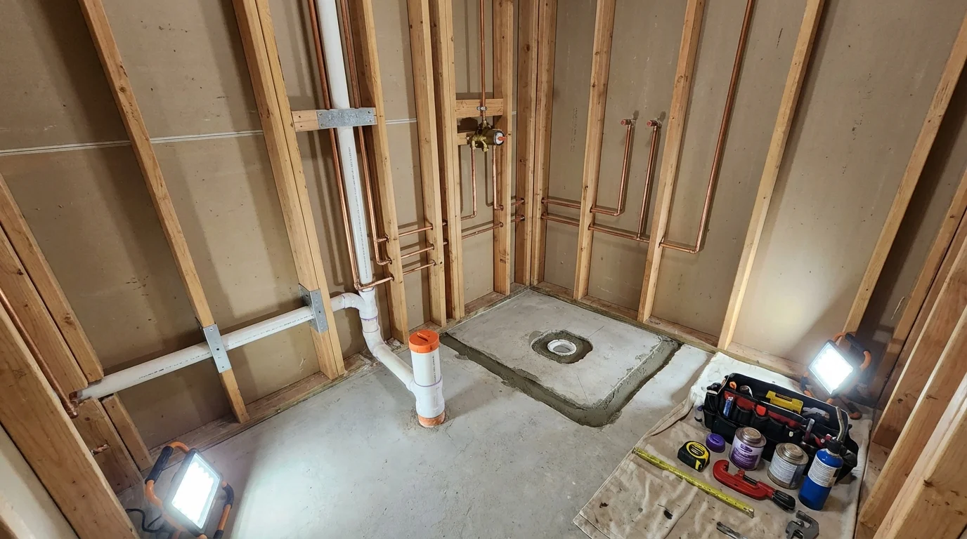 Bathroom rough-in plumbing during remodel by Johns Plumbing LLC in Athens