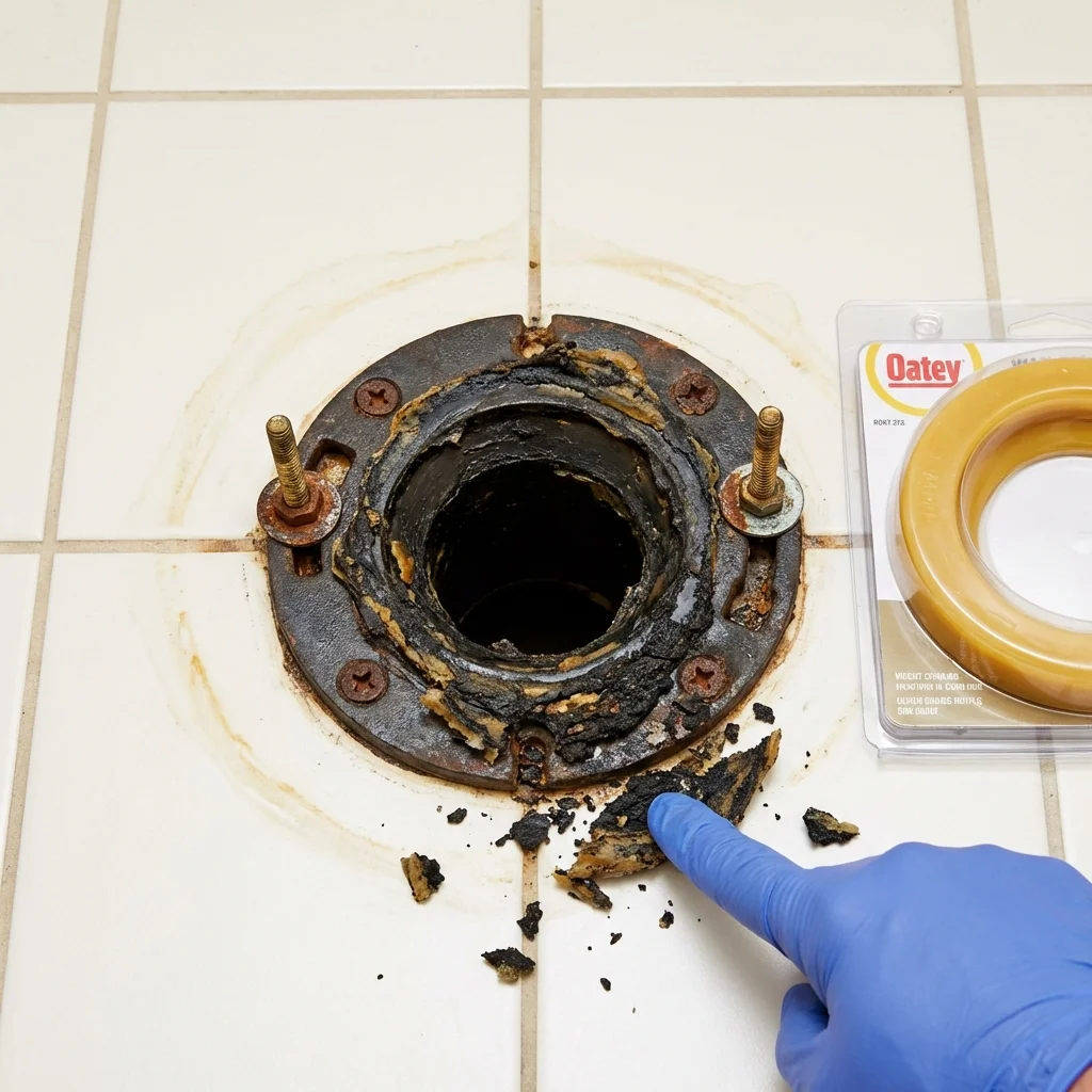 Failed wax ring showing water seepage at the base of a toilet in a Athens, IL home