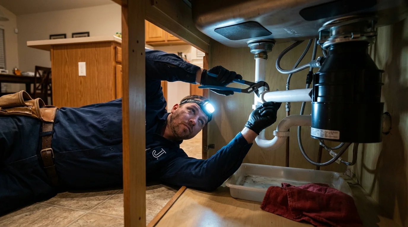 P-trap and supply line connections under a kitchen sink showing a common leak point in Athens, IL